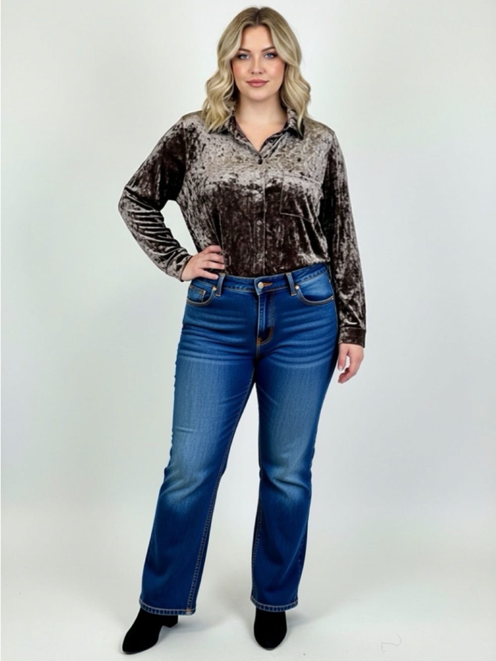 Crushed Velvet Button Up Shirt Size 1X Taupe Brown Boho Artsy Retro Whimsigoth - Picture 14 of 14